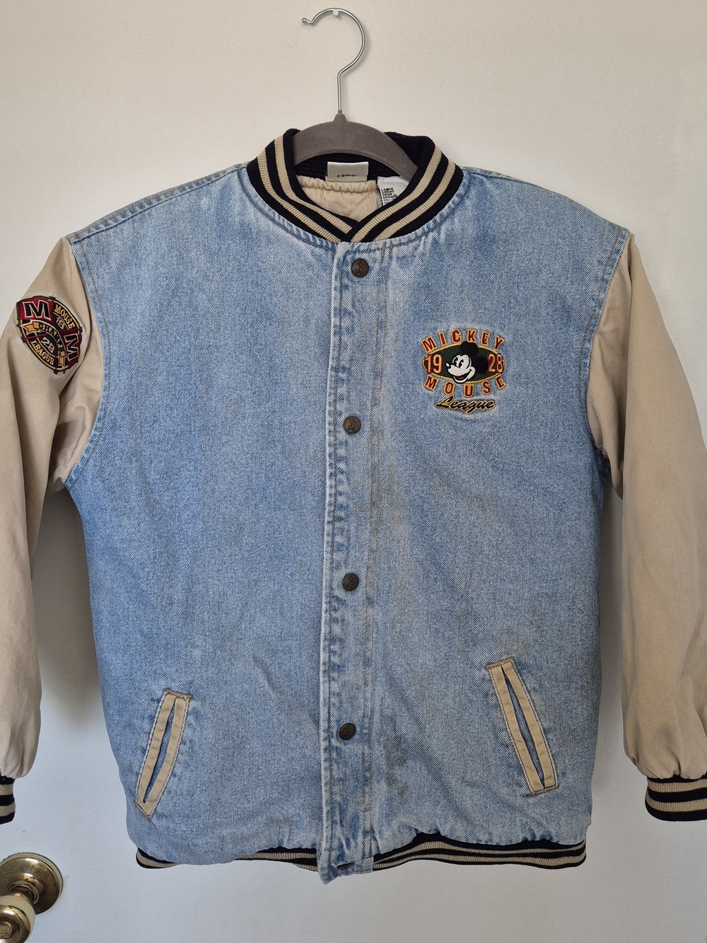 VTG 90s Disney Store Mickey Mouse League 1928 Denim Varsity Jacket Kids Large